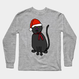 Christmas Kitty Cat Wearing Ribbon and Santa Hat Long Sleeve T-Shirt